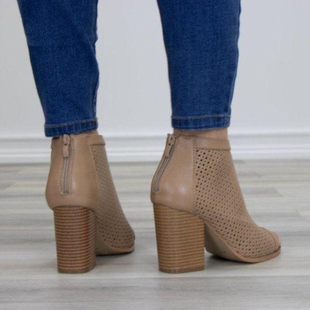 Taupe Perforated Heeled Open Toe Ankle Boots - Picture 8 of 9